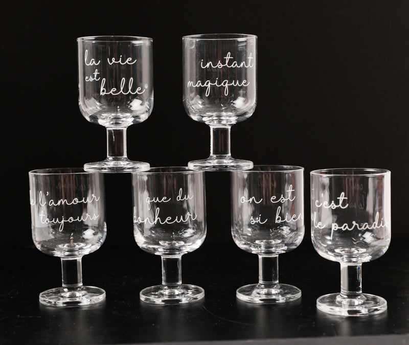 6 verres à pied empilable la vie est belle