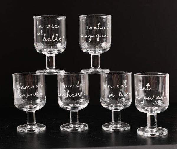 6 verres à pied empilable la vie est belle