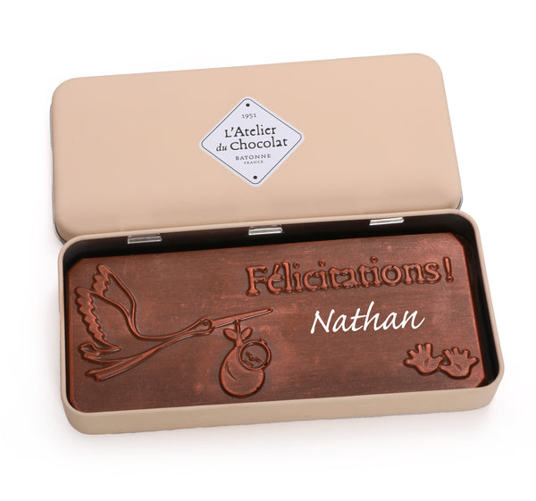 PLAQUE "NAISSANCE" CHOCOLAT AU LAIT - PERSONNALISABLE