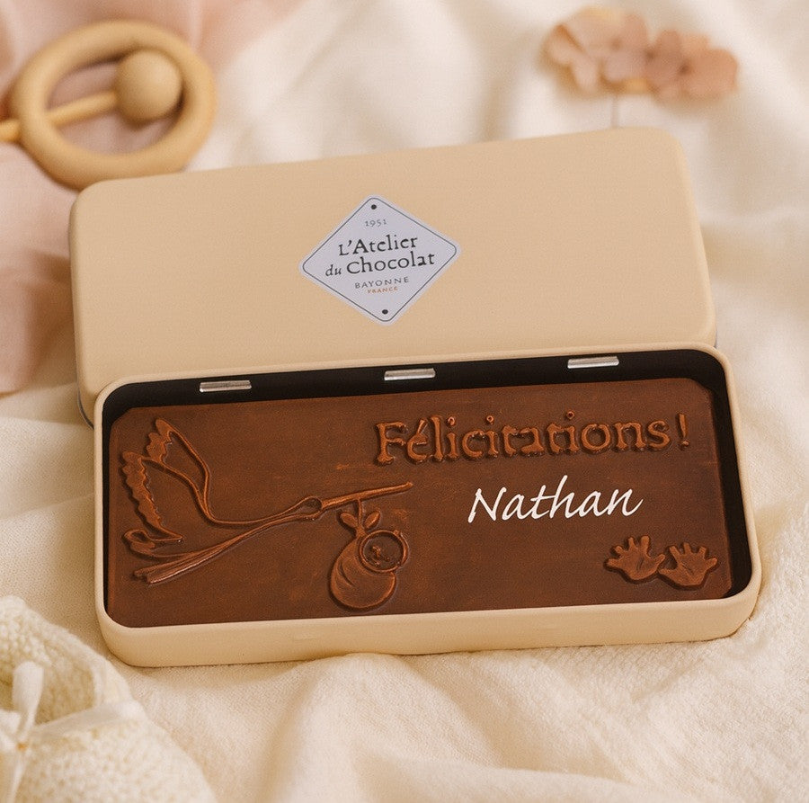 PLAQUE "NAISSANCE" CHOCOLAT AU LAIT - PERSONNALISABLE