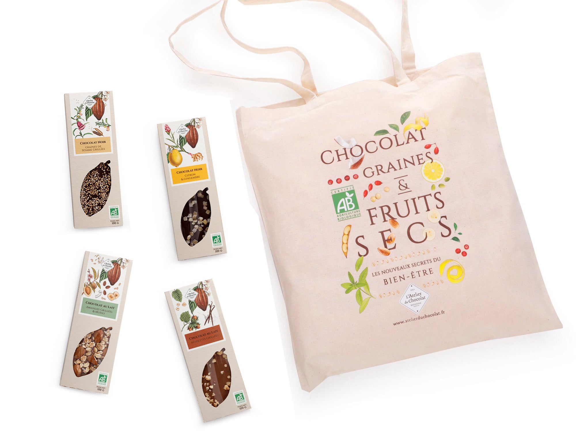 ASSORTIMENT DE 4 TABLETTES CHOCOLAT BIO + TOTE  BAG