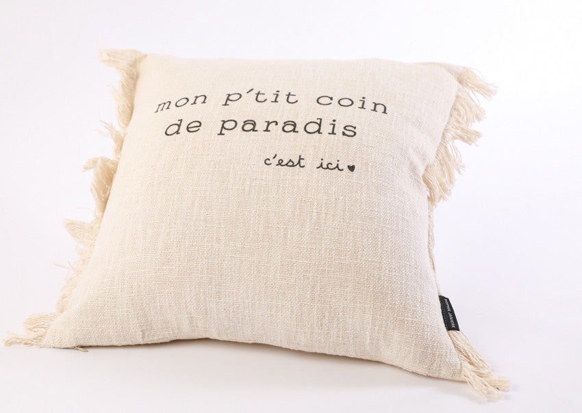 Coussin carré franges p'tit coin de paradis