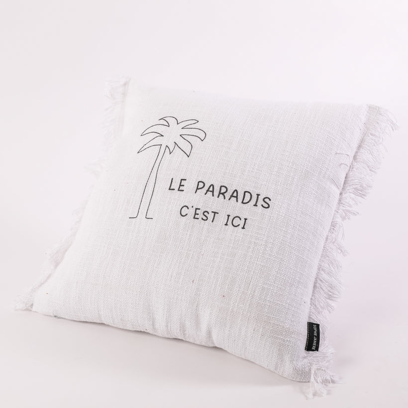 Coussin carré franges palmier le paradis c'est ici