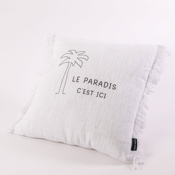 Coussin carré franges palmier le paradis c'est ici