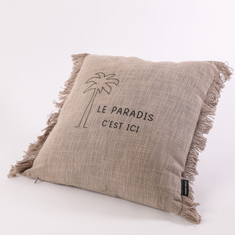 Coussin carré franges palmier le paradis c'est ici