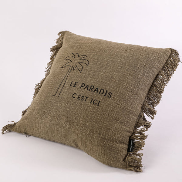 Coussin carré franges palmier le paradis c'est ici
