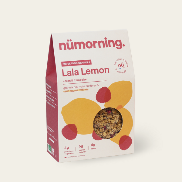 Paquet de granola bio et peu sucré Lala Lemon, à la framboise et au citron, de la marque nümorning