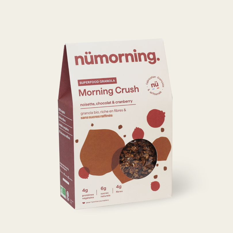 Paquet de granola bio Morning Crush, aux noisettes et au chocolat, de la marque nümorning