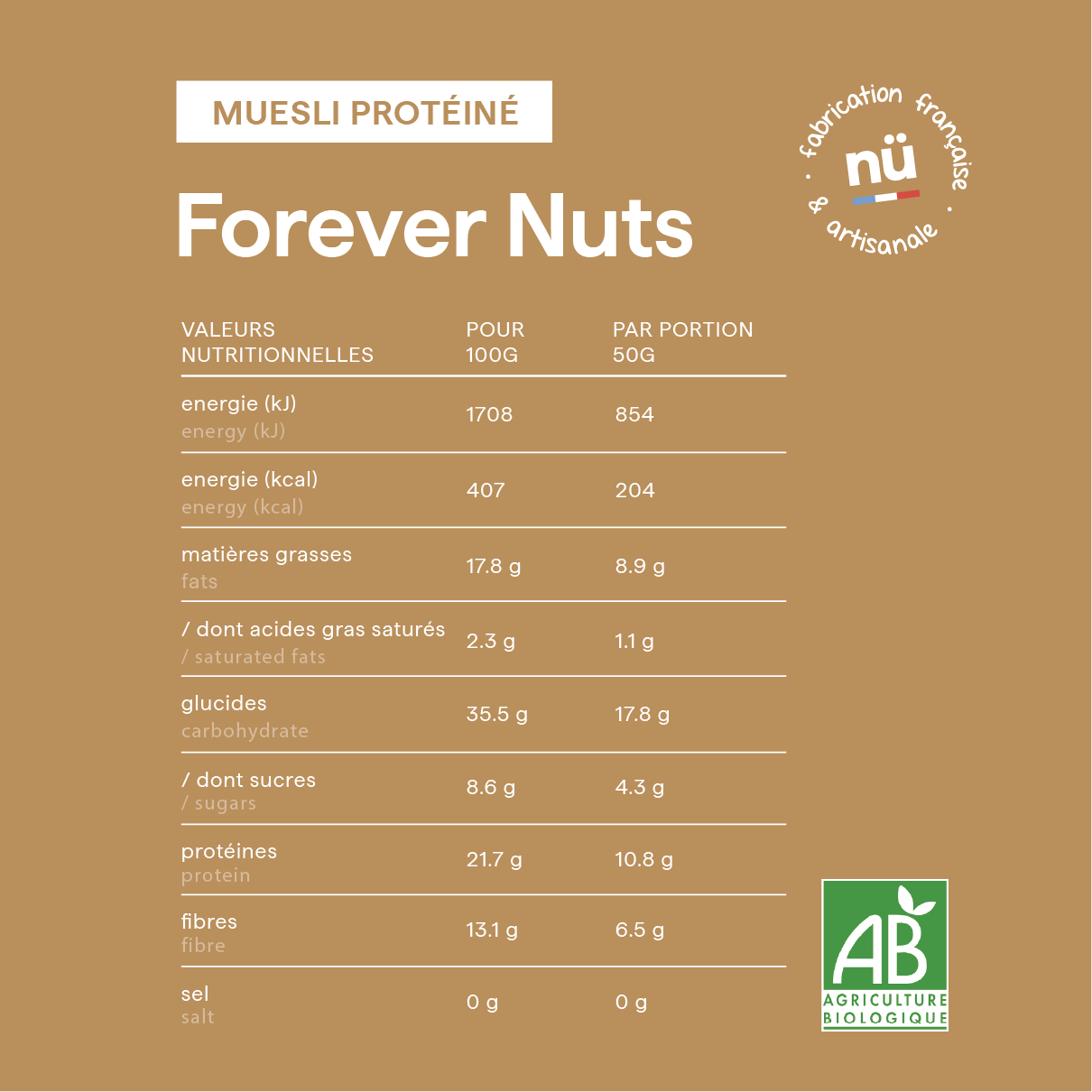 Tableau des valeurs nutritionnelles du muesli bio amande noisette Forever Nuts de nümorning
