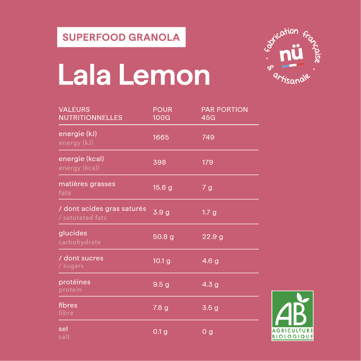 Tableau des valeurs nutritionnelles du granola bio framboise citron Lala Lemon de nümorning