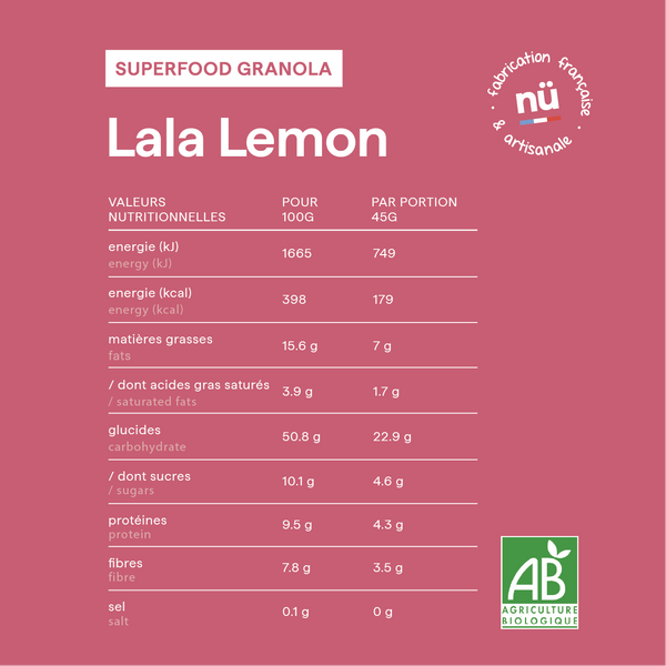 Tableau des valeurs nutritionnelles du granola bio framboise citron Lala Lemon de nümorning