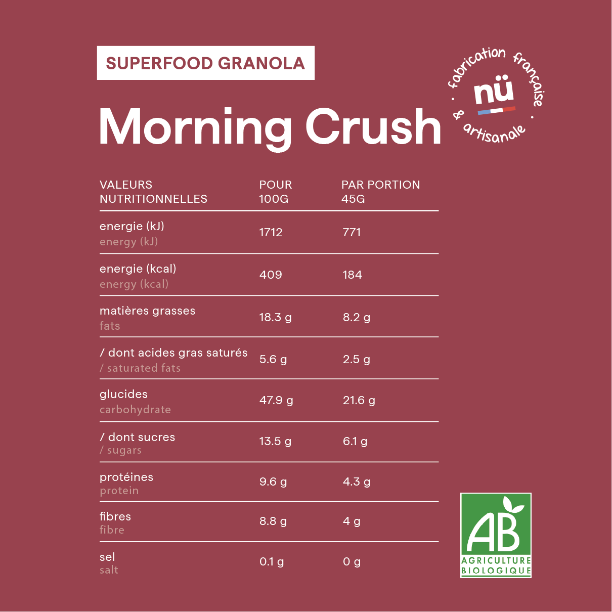 Tableau des valeurs nutritionnelles du granola bio noisette chocolat Morning Crush de nümorning