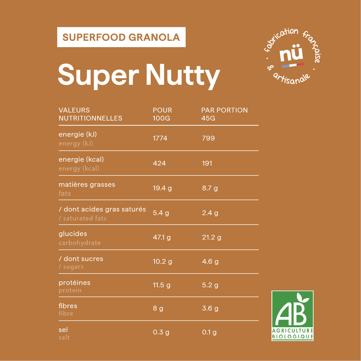 Tableau des valeurs nutritionnelles du granola bio au beurre de cacahuète Super Nutty, de nümorning